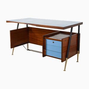 Desk with Black Lacquered Metal Structure with Brass Finishes & Blue Drawer, 1960s