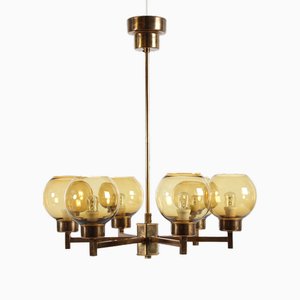 Six-Armed Chandelier in Brass and Glass by Hans-Agne Jakobsson, Sweden, 1970s