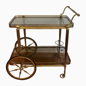 Neoclassical Brass Bar Cart with Glass Trays and Rubber Wheels, 1960s