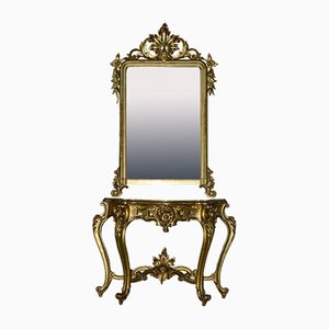 Console or Dressing Table with Marble Top and Carved Gilt Wood Mirror