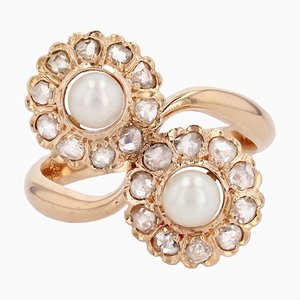 Anillo Dúo francés de oro rosa de 18 kt con margaritas, diamantes y perlas