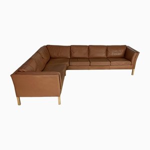 Danish Stouby Camel Brown Leather Corner Sofa, 1970s