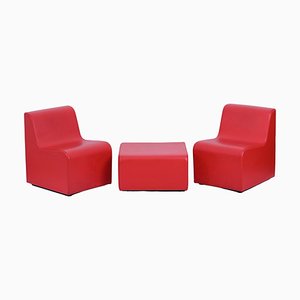 Mid-Century Modular Armchairs and Pouf in Red Leatherette, Italy, 1980s, Set of 3