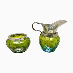 Art Nouveau Cream Jug & Sugar Bowl with Details of Irradiated Glass from Loetz, 1905, Set of 2