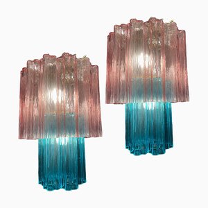 Lámparas de araña italianas rosa y azul de Valentina Planta, Murano. Juego de 2
