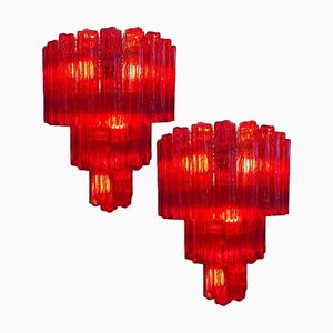 Lámparas de araña italianas rojas de Valentina Planta, Murano. Juego de 2