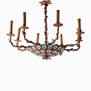 Hollywood Regency French Golden Chandelier with Flowers Iridescent, 1950s