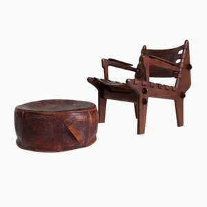 Leather and Wood Armchair and Ottoman by Angel I. Pazmino, 1960s, Set of 2