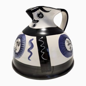 White, Black and Blue Hand-Painted Ceramic Jug in the style of Picasso, France, 1970s
