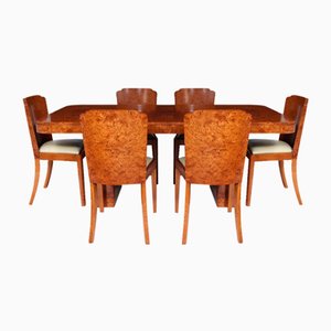 Art Deco Dining Table and Chairs in Burr Walnut, 1930s, Set of 7