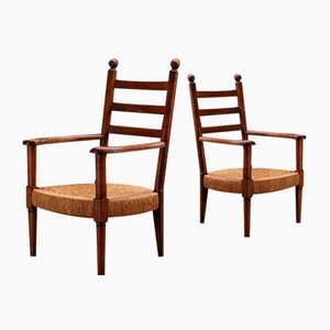 French Rustic Rush Armchairs, 1950s, Set of 2