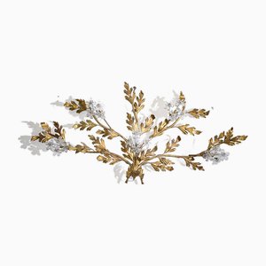 Wrought Iron Wall Sconce with Gold Leaf Decoration and Crystal Flowers
