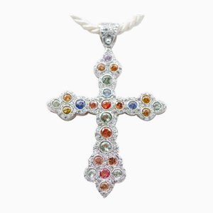 Collier Pendentif Croix en Or Rose et Argent, 1970s