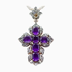 Collier Pendentif Croix Améthyste, Topaze, Diamants, Or Rose et Argent, 1960s