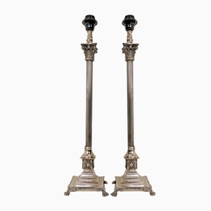 Corinthian Style Table Lamps in Nickel Plated Brass with Claw Feet, 1950s, Set of 2