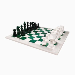 Green & White Chess Set in Volterra Alabaster, Italy, 1970s, Set of 33