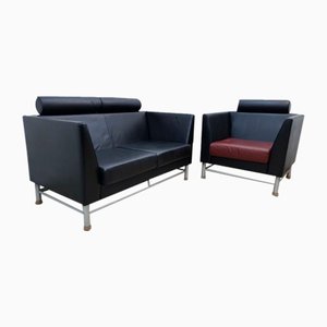 Set da salotto in pelle nera di Ettore Sottsass per Knoll Inc./Knoll International, set di 2