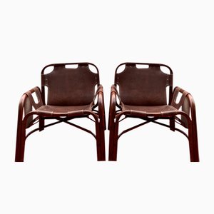 Leather & Bamboo Chairs by Tito Agnoli, 1960s, Set of 2