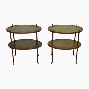 Vintage Side Tables in Brass and Leather, 1930, Set of 2