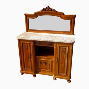 Art Nouveau Buffet in Blond Walnut Sculpted with Marble & Mirror