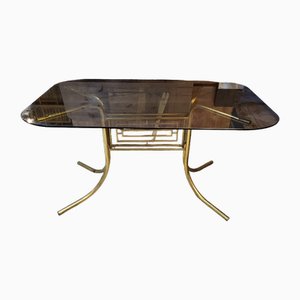 Mesa de comedor Mid-Century con base de cromo dorado y vidrio oscuro