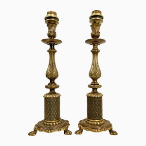 Bronze Table Lamps with Filligree Guilloche on Claw Feet, 1940s, Set of 2