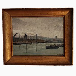 Lucien Jaggi, Port fluvial et péniches, 1928, Oil on Canvas, Framed