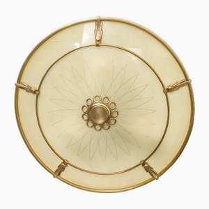Ceiling Lamp in Brass & Glass, 1950s