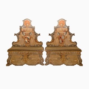18th Century Italian Baroque Armorial Painted Cassapanca Benches with Openable Folding Top Seats, Set of 2