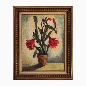 Arne Siegfried, Cactus en fleurs, Huile sur Bois, Encadrée