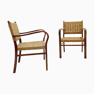 Mid-Century French Armchairs in Bentwood and Rope, 1960s, Set of 2