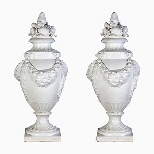 Large Italian White Ceramic Urn Vases, Set of 2