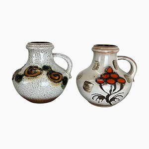 Jarrones de cerámica Fat Lava florales atribuidos a Scheurich, Alemania, años 70. Juego de 2