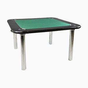 Mesa de juegos italiana moderna de tela verde y cuero negro con patas de acero cromado, años 70