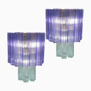 Lámparas de araña italianas de amatista y cristal de Murano claro de Valentina Planta. Juego de 2
