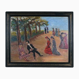 J. Pegeaud-Deva, Walkers in the Park, metà del XX secolo, Olio su tavola, con cornice