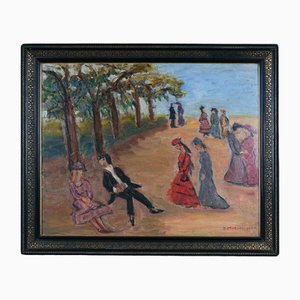 J. Pegeaud-Deva, Walkers in the Park, Mid-20th Century, Oil on Panel, Framed