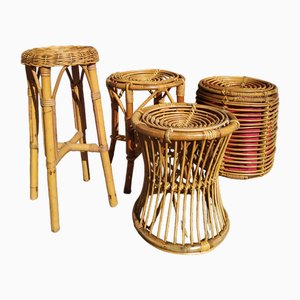 Rattan Poufs and Stools, 1950s, Set of 4