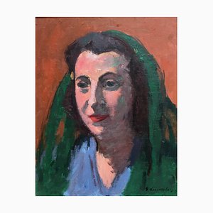 Georges Dessouslavy, Portrait de Femme au Foulard Vert, 1943, Huile sur Toile, Encadrée