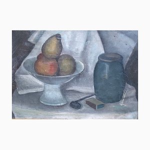 Alexandre Rochat, Nature morte à la pipe et aux fruits, Oil on Canvas, Framed