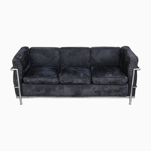 LC2 3-Seater Children's Sofa in Black Brushed Velvet with Tubular Chrome Frame
