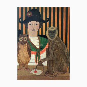 Jacqueline Fromenteau, Jeune fille au bicorne, singe, hibou, et dame de coeur, 1970, Oil on Canvas, Framed