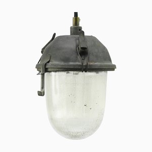 Vintage Industrial Pendant Light in Grey and Clear Striped Glass