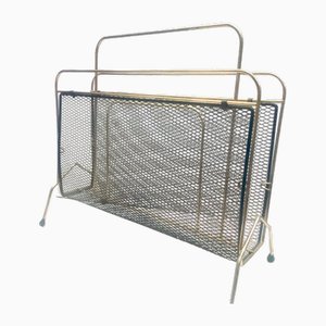 Vintage Magazine Stand in Brass and Painted Metal Grille, 1950s
