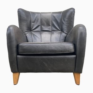 Danish Wingback Armchair in Black Leather in the style of Mogens Lassen