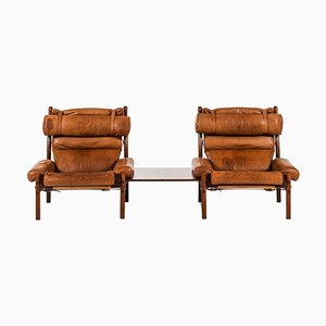 Set of Easy Chairs with Side Table in Beech and Leather attributed to Arne Norell, 1960s