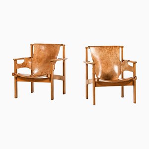 Set of Trienna Easy Chairs in Oak & Original Leather attributed to Carl-Axel Acking, 1957
