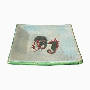 Decorative White and Green Ceramic Vide Poche with Sea Horse, 1960s