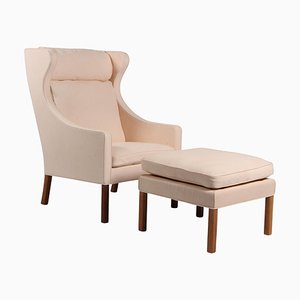 Natural Leather Wingback Chair with Ottoman by Børge Mogensen for Fredericia