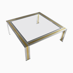 Square Coffee Table in Brass, Chrome and Glass by Renato Zevi, Italy, 1970s